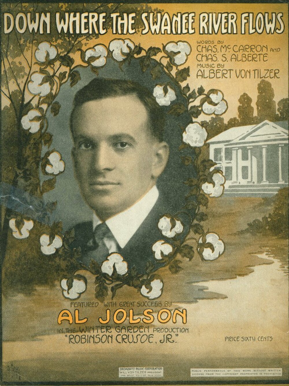 "DOWN WHERE THE SWANEE RIVER FLOWS"- Large 11 X 14 Antique Music- Al Jolson 1916